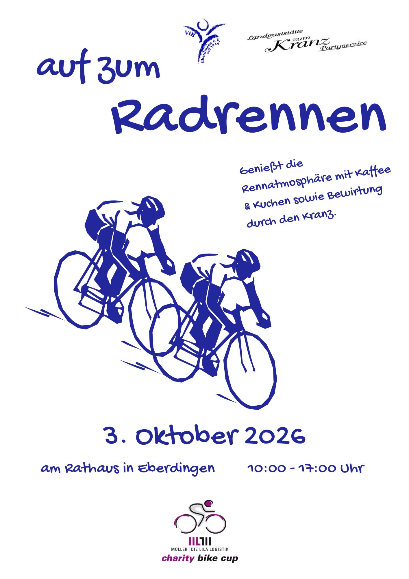 Plakat zum Radrennen Charity Bike Cup am 3. Oktober 2026 am Rathaus in Eberdingen.